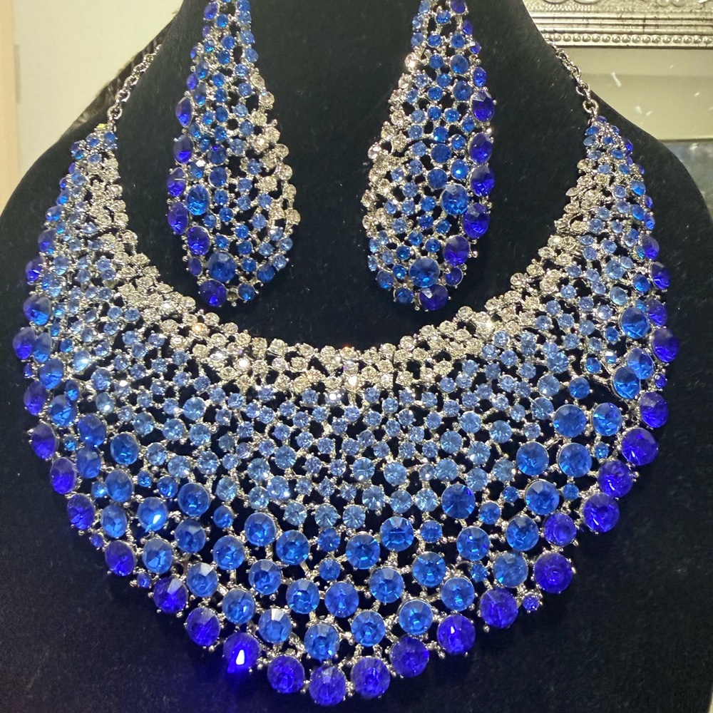Pakistani Indian Desi Blue Crystal Statement Necklace & Earring Set